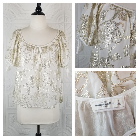 Abercrombie & Fitch Tops - Abercrombie Gold Sequin Tassel Peasant Top